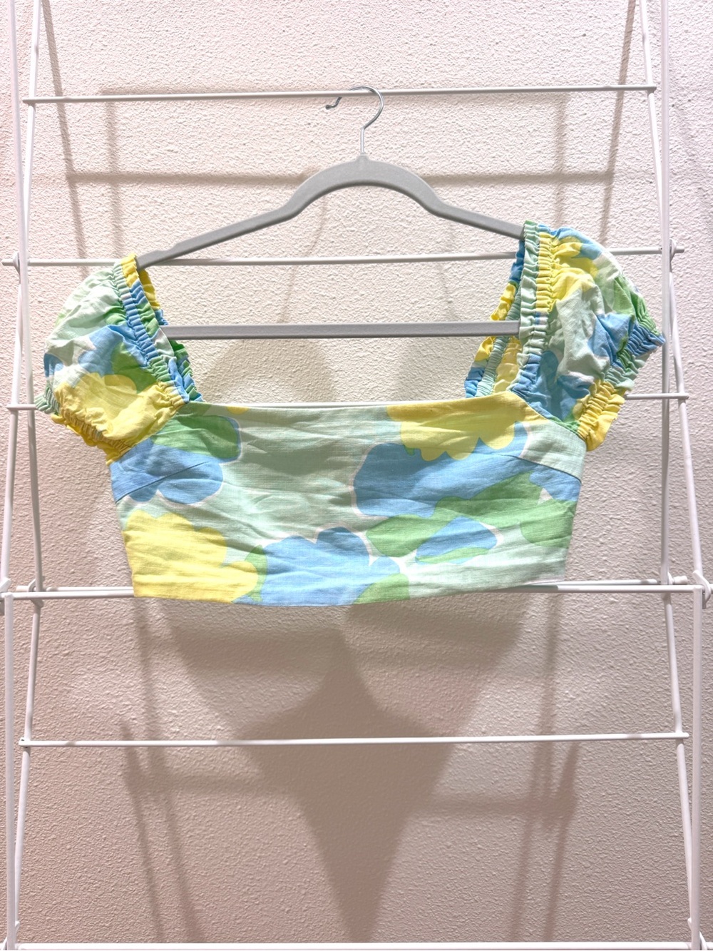 Sabo Skirt Pastel Floral Puff-Sleeve Crop Top in Yellow, Blue & Green